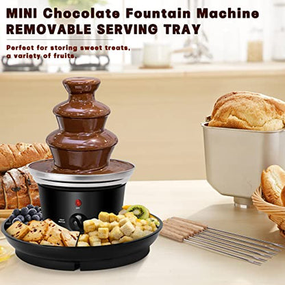 16oz Chocolate Fondue Fountain, 3-Tier MINI Chocolate Fountain with 6PCS Fondue Fork and Removal Fruits/Nuts/Treats Serving Tray for BBQ Sauce,Ranch,Nacho Cheese,Liqueurs