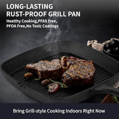 Tastedeli Cast Iron Grill Pan,9.25" Pre Seasoned Skillet with Pour Spouts,Silicone Handle Cover for Indoor and Outdoor Grilling,Durable Oven Safe,Stove Campfire Use(Black)