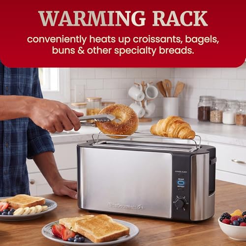 Elite Gourmet 2-Slice Slim Toaster, 1 Long Slot, Extra-Wide, Warming Rack