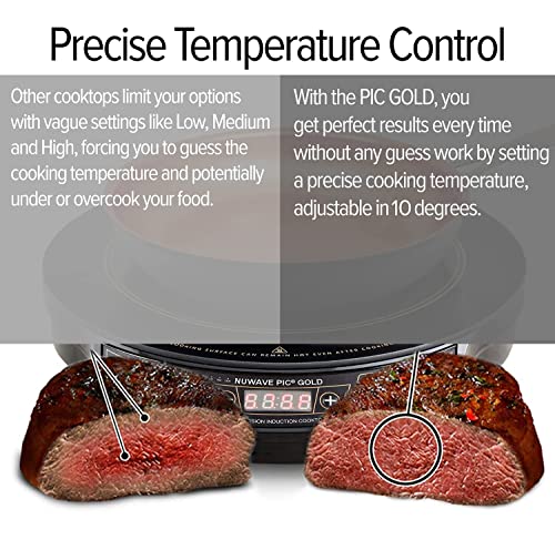 Nuwave Gold Precision Induction Cooktop, Portable, Large 8” Heating Coil, 12” Shatter-Proof Ceramic Glass Surface, 96 Temp Settings from 100°F - 575°F, 3 Watt Settings 700, 900, & 1500 Watts (Renewed)