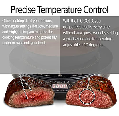 Nuwave Gold Precision Induction Cooktop, Portable, Large 8” Heating Coil, 12” Shatter-Proof Ceramic Glass Surface, 96 Temp Settings from 100°F - 575°F, 3 Watt Settings 700, 900, & 1500 Watts (Renewed)
