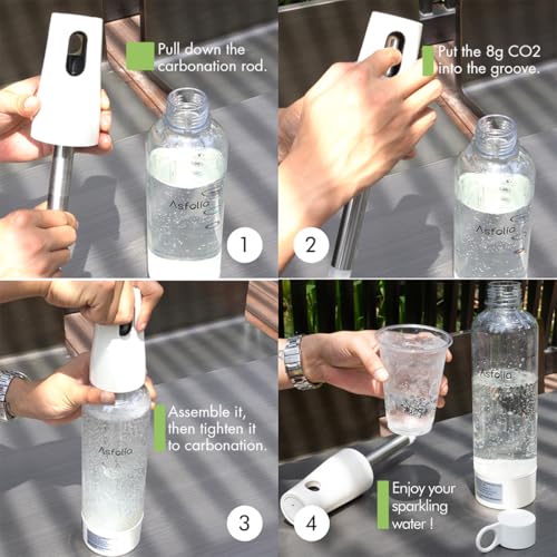 Asfolia Portable Sparkling Water Maker - Travel Soda Maker for Home & Outdoor, 1L Carbonating Bottle, 10 pcs CO2 Cylinders, Compact Carbonated Water Machine for Flavored Drinks, Soda Machine (White)