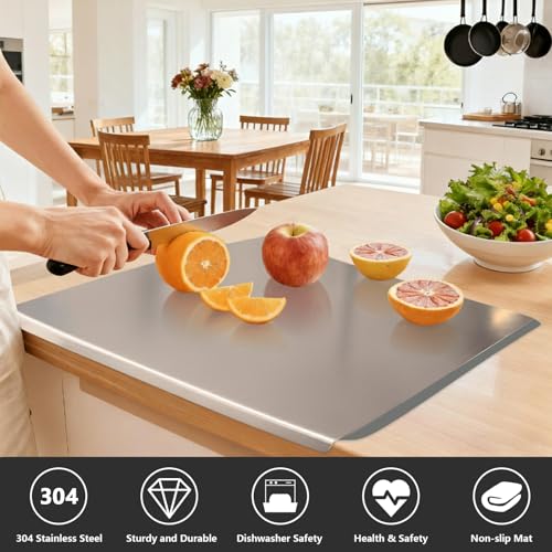 Large Stainless Steel Cutting Boards for Kitchen, Chopping Boards with Grey Non-slip Mat, Cutting Board with Counter Lip for Meat, Fruits, Vegetables, Bread,Dough(15.75" × 11.81")