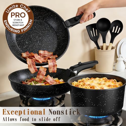 Umite Chef 21Pcs Pots and Pans Set Non Stick, Nonstick Cookware Sets Detachable Handle, Non Toxic Induction RV Kitchen Cooking Set, Dishwasher/Oven Safe, Fridge Safe, Space Saving(Black)