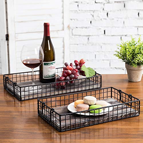 MyGift 16 and 14 Inch Large Nesting Countertop Storage Baskets with Handles, Rustic Torched Wood and Black Metal Wire Decorative Shelf Organizer Bins, 2 Piece Set