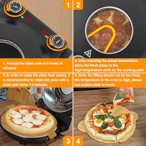 ECUMFFY Pizza Oven Indoor, 12 Inch Retro Pizza Maker, Rapid Heating 800˚F, 1200W Glazed Ceramic Stone Electric Pizza Cooker, Two-button Precise Temperature Control, Viewing Window for Precise Cooking