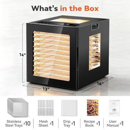 Manastin Food Dehydrator Machine 10 Stainless Steel Trays, 850W Dryer for Meat Jerky, Fruit, Herbs, Yogurt & Dog Treats, 95-167℉ Dehydrated Dryer, 48H Timer, 10 Presets, Overheating Protection, Black