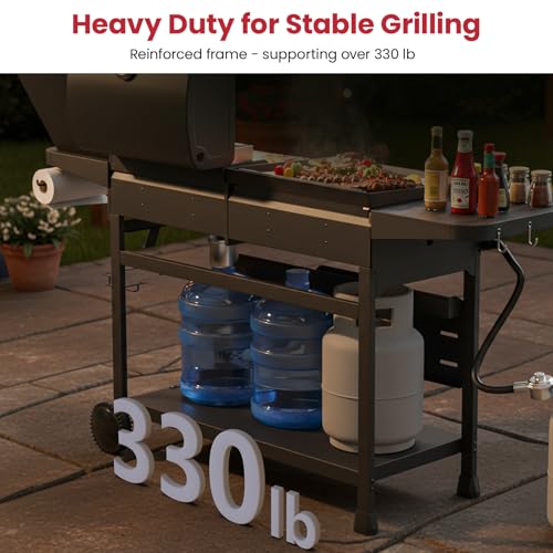 LAUDLIFE 5-Burner Propane Grill Griddle Combo with Side Burner, Dual Zone BBQ Gas Grill, Non-Stick Porcelain-Enameled Surface, Easy to Clean, 702 Sq.In. Cooking Area, Heavy-Duty Stand for Backyard
