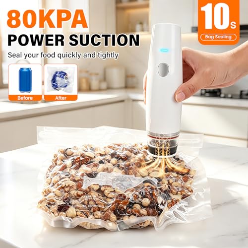 -80kPa Compact Vacuum Sealer for Food (Vacuum Sealer Machine + 30 Reusable Bags), 1200mAh Rechargeable Handheld Vacuum Sealer Machine Portable Mini Food Sealer for Sous Vide & Meal Prep-cold white