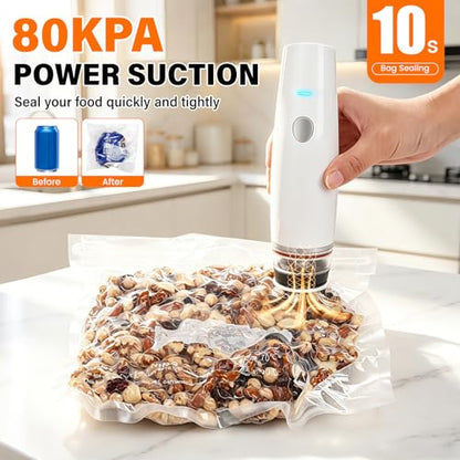 -80kPa Compact Vacuum Sealer for Food (Vacuum Sealer Machine + 30 Reusable Bags), 1200mAh Rechargeable Handheld Vacuum Sealer Machine Portable Mini Food Sealer for Sous Vide & Meal Prep-cold white