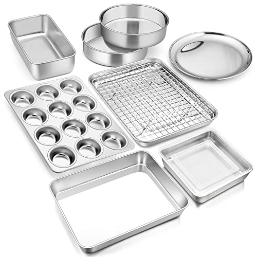 E-far 10-Piece Baking Pans set, Stainless Steel Bakeware Set for Oven, Include Cake Pan/Baking Cookie Sheet/Pizza/Muffin/Loaf Pan, Non-Toxic & Heavy Duty, Dishwasher Safe
