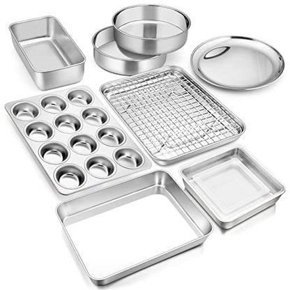 E-far 10-Piece Baking Pans set, Stainless Steel Bakeware Set for Oven, Include Cake Pan/Baking Cookie Sheet/Pizza/Muffin/Loaf Pan, Non-Toxic & Heavy Duty, Dishwasher Safe