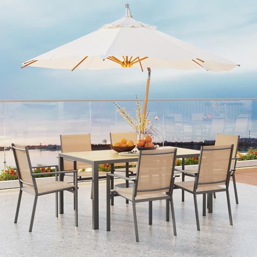 Ahomly Patio Table and Chairs Set for 6, Outdoor Dining Set Includes 59.5" Rectangle Patio Table with Side Umbrella Hole and 6 Textilene Fabric Patio Chairs for Backyard, Courtyard, Poolside, Brown