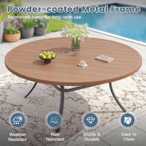 DIFY 11 Piece Outdoor Dining Set, 63" Walnut Round Metal Patio Table and Brown Textilene Stackable Chairs for 10, All Weather Patio Furniture Set with Umbrella Hole for Backyard Garden Deck