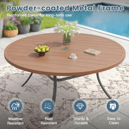DIFY 11 Piece Outdoor Dining Set, 63" Walnut Round Metal Patio Table and Brown Textilene Stackable Chairs for 10, All Weather Patio Furniture Set with Umbrella Hole for Backyard Garden Deck
