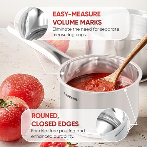 Sunhouse 3 QT Stainless Steel Sauce Pan with Lid, Small Pot for Cooking, PFOA-Free, Advanced Impact Bonding Induction Base Mini Saucepan, Compatible with Induction, Ceramic, Gas