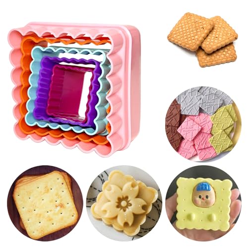 Cookie Biscuit Cutter Set, Two Side Cookie Cutters Plastic Set Multi-size Cake Fruit Vegetable Shapes Cutter Random color (Square Shaped, 5 Pack)