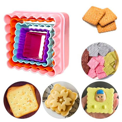 Cookie Biscuit Cutter Set, Two Side Cookie Cutters Plastic Set Multi-size Cake Fruit Vegetable Shapes Cutter Random color (Square Shaped, 5 Pack)