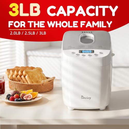 Davivy Bread Maker Machine 3LB with 2 Dough Kneading Paddles,15-in-1 Automatic Large Capacity Bread Machine Nonstick Bowl For Bread, Jam& Yogurt, 3 Loaf Sizes and 3 crust settings（silver，1.5kg）