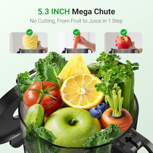 Aeitto Juicer Machines - 5.3" Large Mouth Feed Chute For Fruits & Vegetable & Leafy Greens Juice Press - Cold Press Juicer Machines With Self Feeding & Hands-Free - Juicer Easy to Clean & Assemble