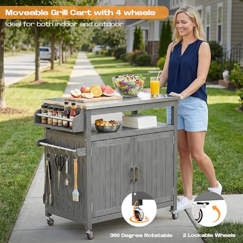 FUQARHY 43.3-Inch Outdoor Kitchen Island with Storage Cabinet and Stainless Steel Top, Solid Wood Prep Station Grill Table with Lockable Wheels for Patio, Backyard, Party (Gray)