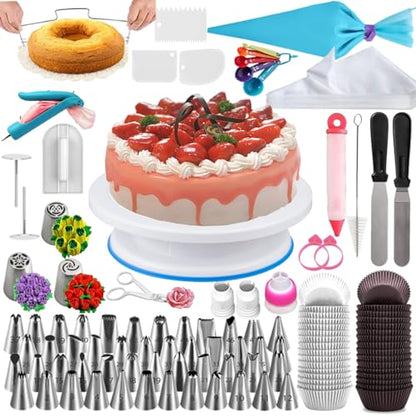 Cake Decorating Supplies Kit, 206 PCS Baking Set for Beginners With Cake Turntable Stand Rotating Turntable,Russian Piping Tips Set, Cake Baking Supplies for Cake Lovers