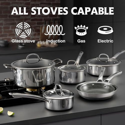 SNOWCLAD Frying Pans Nonstick with Lid,Hybrid Non Stick 5 Quart Saute pan,PFOA Free Cookware,Stainless Steel skillet,12 inch Deep Saute Pan,Dishwasher&Oven Safe,Works on All Cooktops