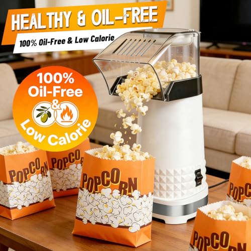 1200W Hot Air Popcorn Popper ETL Certified – Oil-Free Healthy Popcorn Maker Machine with 4.5 Quart Large Capacity, 2-Minute Fast Electric Popcorn Machine for Movie Night, Party, Snack（White）