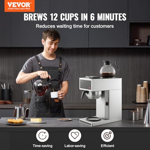 VEVOR Commercial Drip Coffee Maker, 12 Cups Coffee-Maker Machine with 2 Glass Carafes and 2 Decanter Warmer Plates, Stainless Steel Drip Style Coffee Brewer, for Restaurant, Office, Coffee Shop & Home