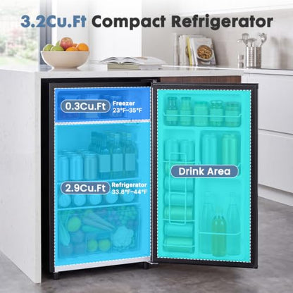 DUMOS 3.2 Cu.Ft Mini Fridge with Freezer, Single Door Refrigerator with Adjustable Thermostat, Compact Small Fridge for Bedroom, Office, Dorm, Black, Single Door