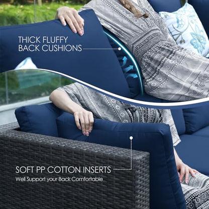 NICESOUL 11 Piece Outdoor Furniture Set with Firepit Table, Luxury 10-Person Patio Sectional Sets, 29.3'' High-Back Backyard Seating Area, All-Weather Rattan Couch Set for Outside, Deck, Grey&Blue