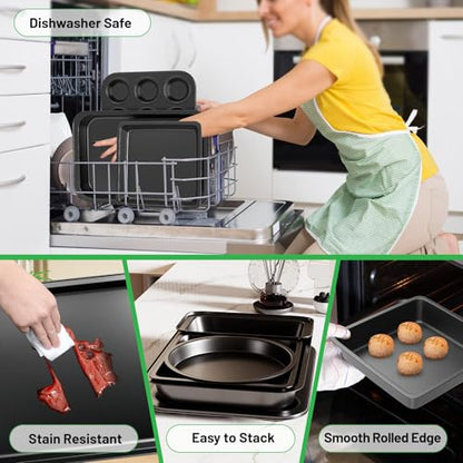 Zapstarz 5 Pieces Baking Pans Set, Nonstick Baking Sheet Tray Oven Pans Bakeware Set, Baking Supplies with Round/Square Cake Pan, Muffin Pan, Loaf Pan, Roast Pan, Stackable Baking Sets for Cooking