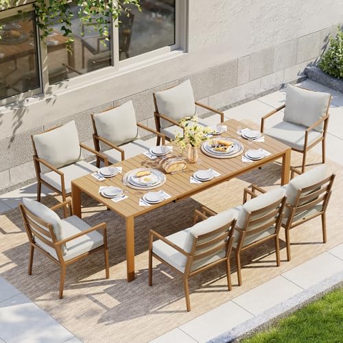 HAPPATIO Expandable Aluminum Outdoor Dining Set,9-Piece Patio Aluminum Dining Set with Wood-Like Hand-Painted Finish,8 Chairs with Expandable Table for Lawn, Garden, Backyard