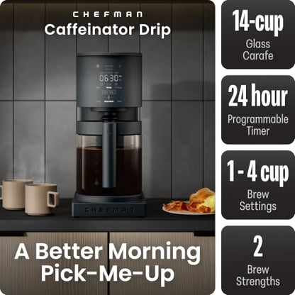 Chefman Caffeinator Programmable Drip Coffee Maker, 14-Cup Glass Carafe with 1-4 Cup Brewing, Classic & Bold Settings, 24-Hour Timer, Customizable Warming Plate, Reusable GoldTone Filter - Midnight