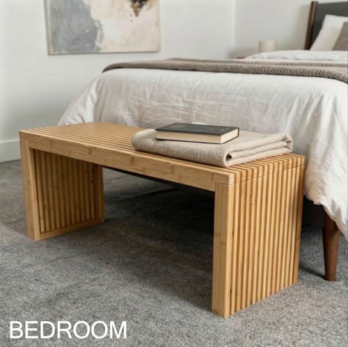 Bamboo Natural 36 inch Wooden Bench, Small Wood Benches for Entryway, Living & Dining Room, Kitchen, Bedroom, Bathroom, Hallway, Front Door, For Indoor & Outdoor Patio Use, Mid Century Modern Decor