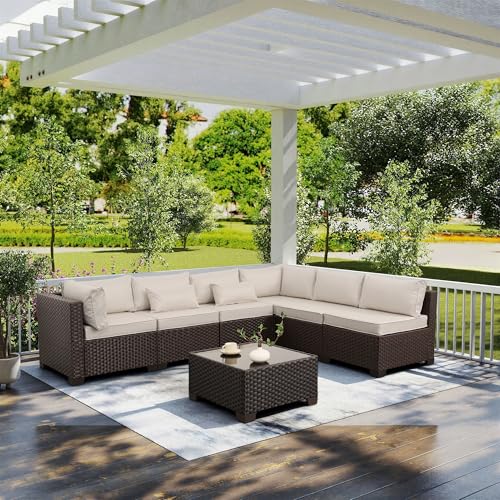 Rattaner 7 Pieces Wicker Patio Furniture Conversation Set Outdoor Sectional Sofa Glass Coffee Table with Non-Slip Cushions and Furniture Cover, Beige