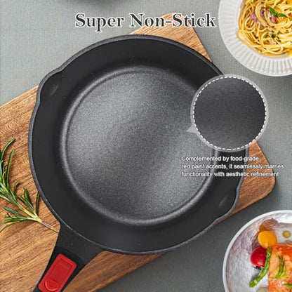 Bobikuke 10 Inch Deep Frying Pan with Lid, Non Stick Frying Pans Saute Pan, Nonstick Skillet Cooking Pan Kitchen Pans, Compatible with All Stoves, Detachable Handle, Oven Safe, PFOA Free, Red (4 Qt)