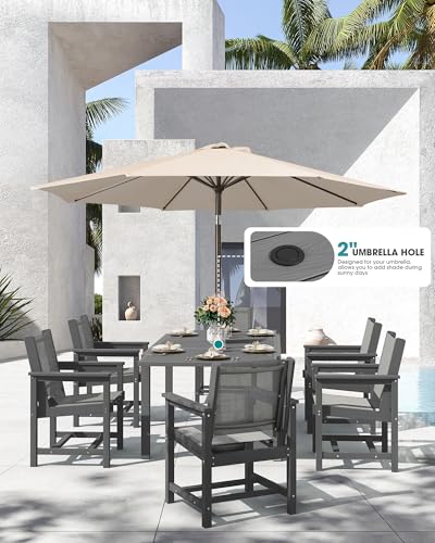 SERWALL 9-Piece Outdoor Dining Set, 60" - 83" Expandable Patio Dining Table with 8 Breathable Textilene Chairs, All Weather HDPE Patio Furniture Set, Grey