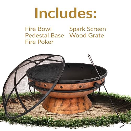 Sunnydaze 30-Inch Large Outdoor Fire Pit - Wood Burning Fire Pit for Outside with Poker and Screen - Copper Finish - Royal Cauldron