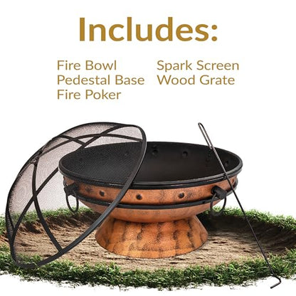 Sunnydaze 30-Inch Large Outdoor Fire Pit - Wood Burning Fire Pit for Outside with Poker and Screen - Copper Finish - Royal Cauldron