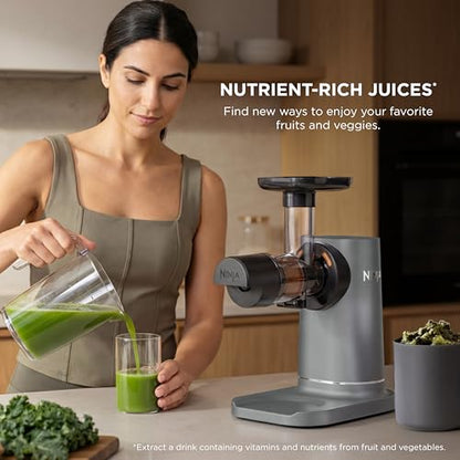 Ninja NeverClog Cold Press Juicer | Powerful Electric Slow Masticating Juicer with Pulp Control | XL Capacity | 24 oz. Juice Jug & 36 oz. Pulp Container | Dishwasher Safe | Charcoal | 150W | JC151