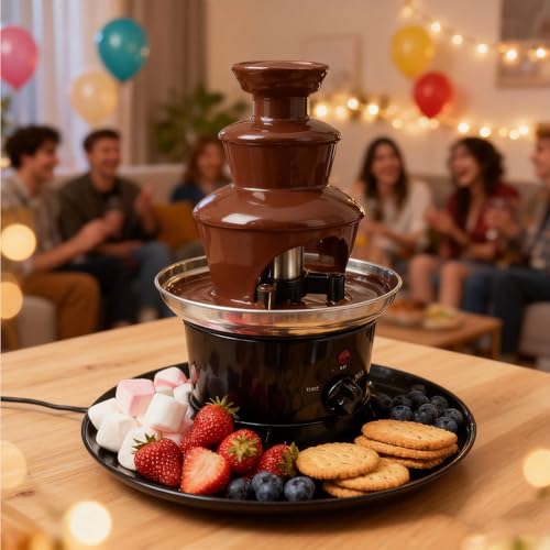 Yollsolom 3-Tier Chocolate Fondue Fountain, 1LB Capacity Electric Chocolate Fountain Machine with 6 Forks & Tray - 40W 430 Stainless Steel for Party Wedding Birthday (Black)