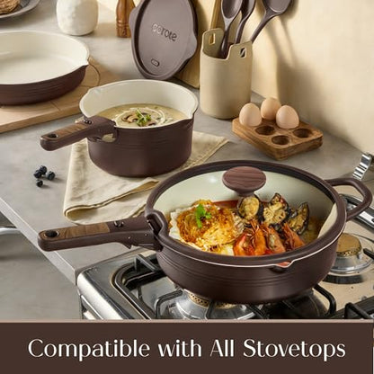 CAROTE 22Pcs Titanium Cookware Set, Pots and Pans Set Non Stick, Kitchen Cooking Set with Detachable Handle, Non Toxic Induction Cookware, Dishwasher/Oven Safe, Brown
