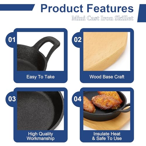 4 Sets Mini Cast Iron Skillet, 6.3 Inch Small Cast Iron Skillets with Wooden Base, Round Mini Pan Fajita Plate Iron Pan Pot, Heavy Duty Cast-iron Cookware for Baking, Frying, Cooking, Serving & More