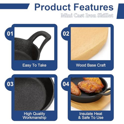 4 Sets Mini Cast Iron Skillet, 6.3 Inch Small Cast Iron Skillets with Wooden Base, Round Mini Pan Fajita Plate Iron Pan Pot, Heavy Duty Cast-iron Cookware for Baking, Frying, Cooking, Serving & More