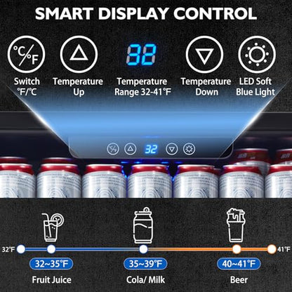 Kalamera 24 inch Stainless Steel Beverage Refrigerator, Under Counter Beverage Cooler for 154 Cans with 32-41℉ Temperature Range - Soda and Beer Refrigerator with Soild Stainless Door