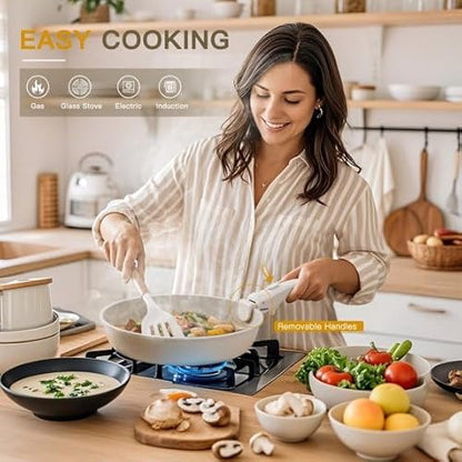 Nonstick 22-Piece Ceramic Cookware Set with Removable Handles, Cream White, Induction Ready, Oven Safe, Stackable