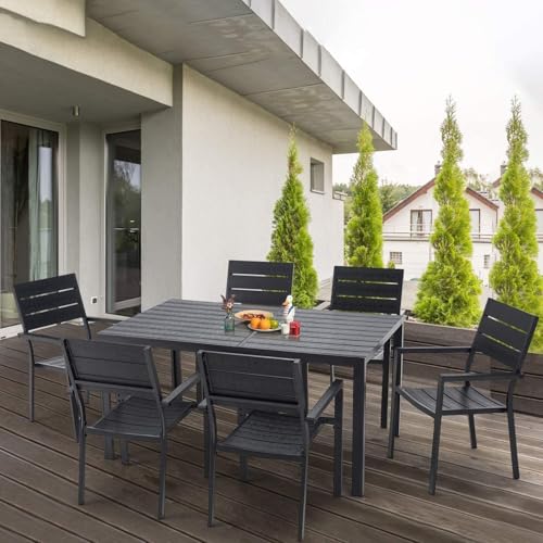 AECOJOY 7 Piece Outdoor Dining Set, 60" x 36" Aluminum Patio Table and Chairs Set for 6 with Rectangular Table and Stackable Chairs for Garden, Backyard, Black