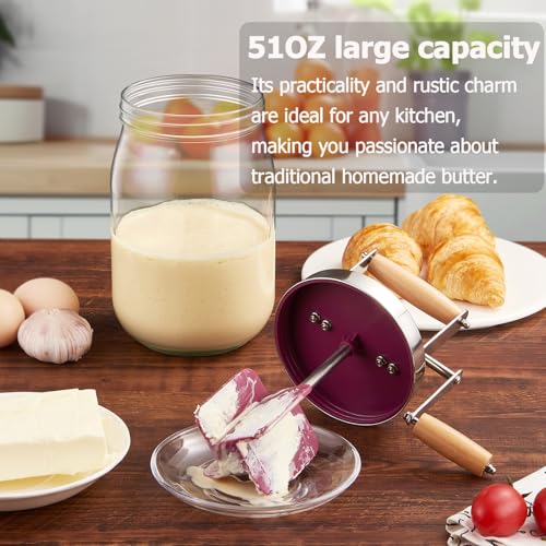 Retro Manual Butter Churn Kit - Wooden Hand-Crank Butter Maker with Glass Jar, Perfect for Fresh Cream, Keto Butter & Sustainable Homesteading (Farmhouse Must-Have) (51 OZ)