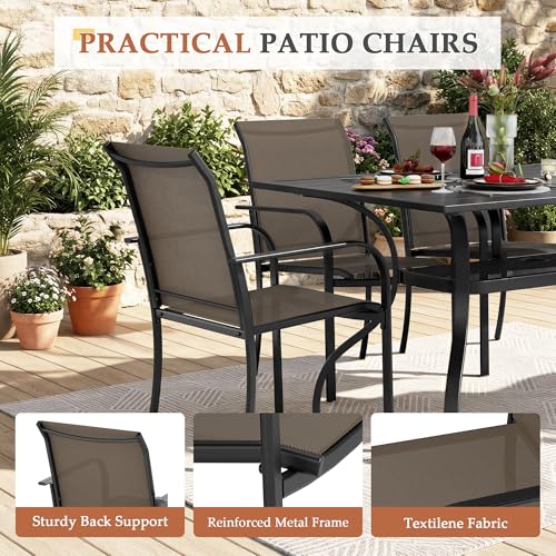 Crownland 7 Piece Patio Dining Set, Textilene Dining Sets, 6 Textilene Metal Chairs and Rectangular Outdoor Dining Table with Khaki 9FT Round Outdoor Umbrella (Brown)